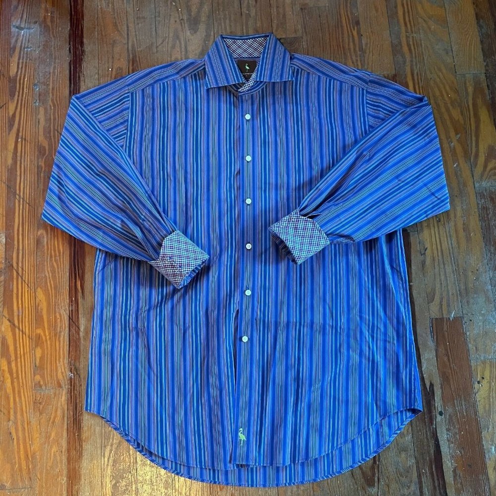 Tailorbyrd Mens Blue Purple Striped Flip Cuff L Button Up Dress Long Sl Shirt